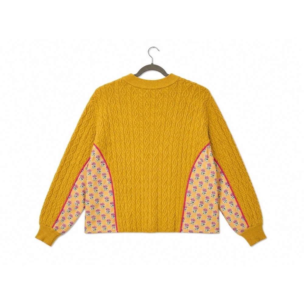 BIBI Cable Knit Floral Combo Cardigan Women's XL Yellow Mustard Quilted NWT - Picture 5 of 14